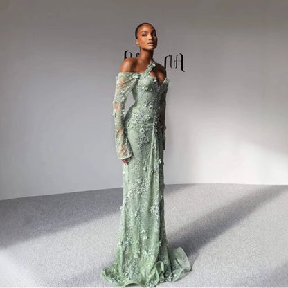 Luxury Sage Green Beaded 3D Floral Lace Evening Dress LA73384 Sage Green / 8