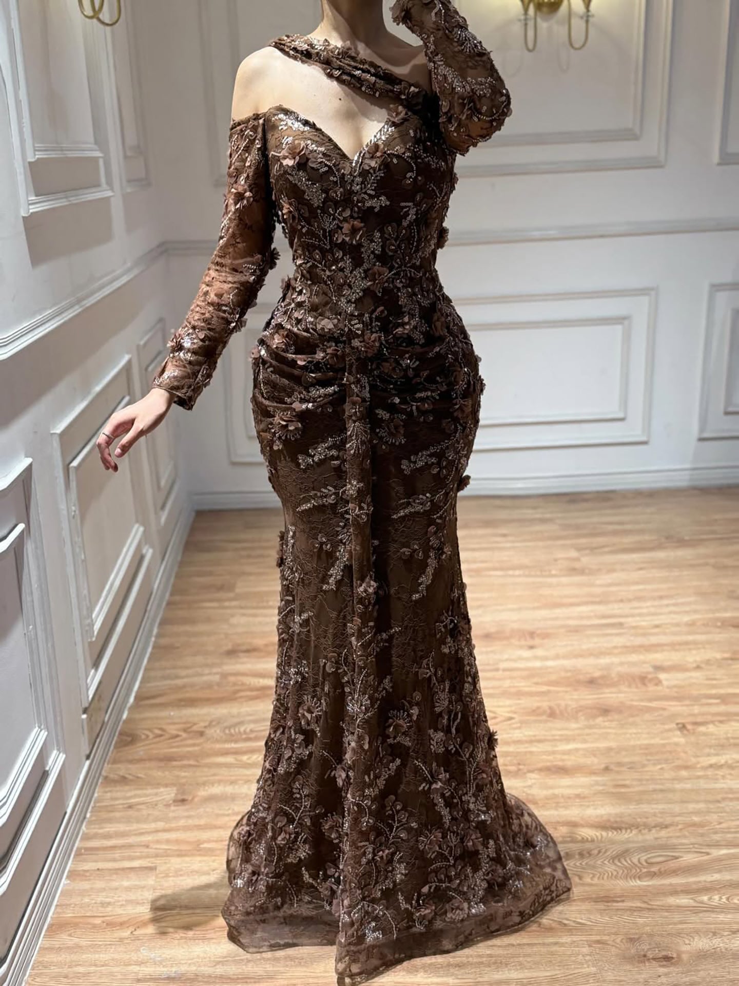 Luxury Sage Green Beaded 3D Floral Lace Evening Dress LA73384