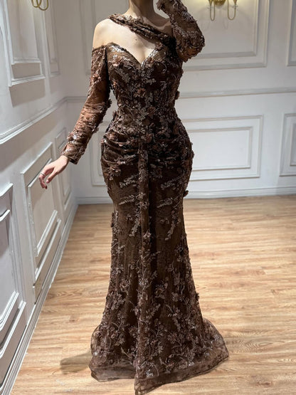 Luxury Sage Green Beaded 3D Floral Lace Evening Dress LA73384