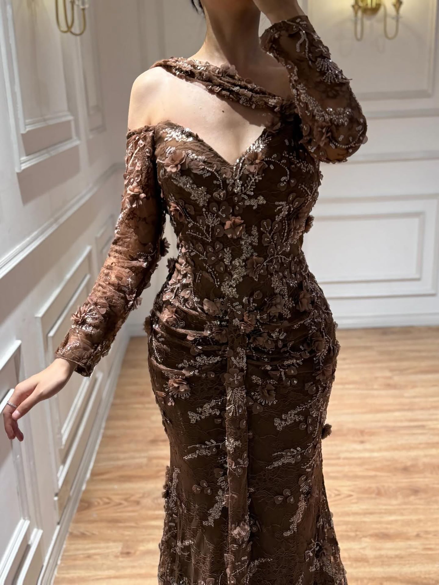 Luxury Sage Green Beaded 3D Floral Lace Evening Dress LA73384
