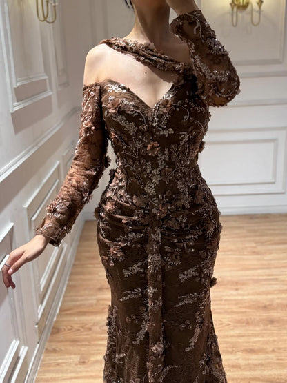 Luxury Sage Green Beaded 3D Floral Lace Evening Dress LA73384