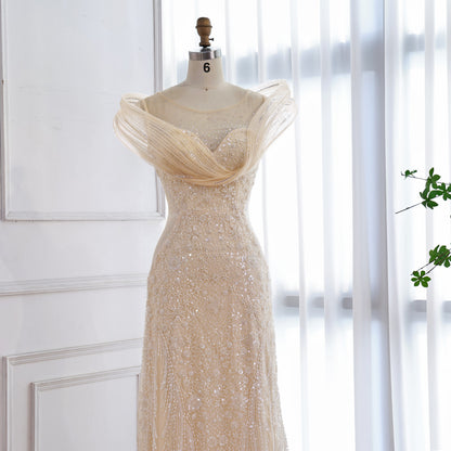 Luxury Cream Beaded Elegant Mermaid Evening Dress LA73386