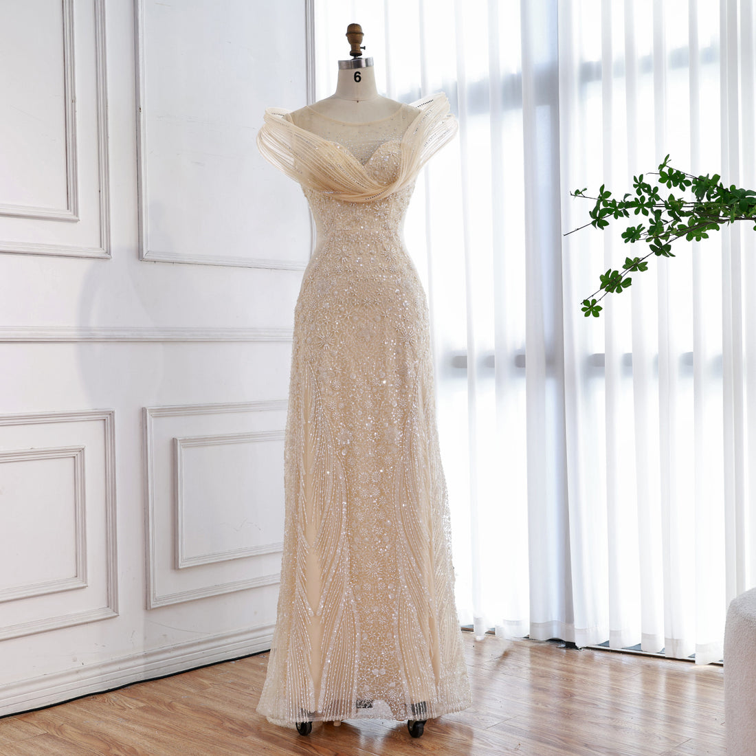 Luxury Cream Beaded Elegant Mermaid Evening Dress LA73386
