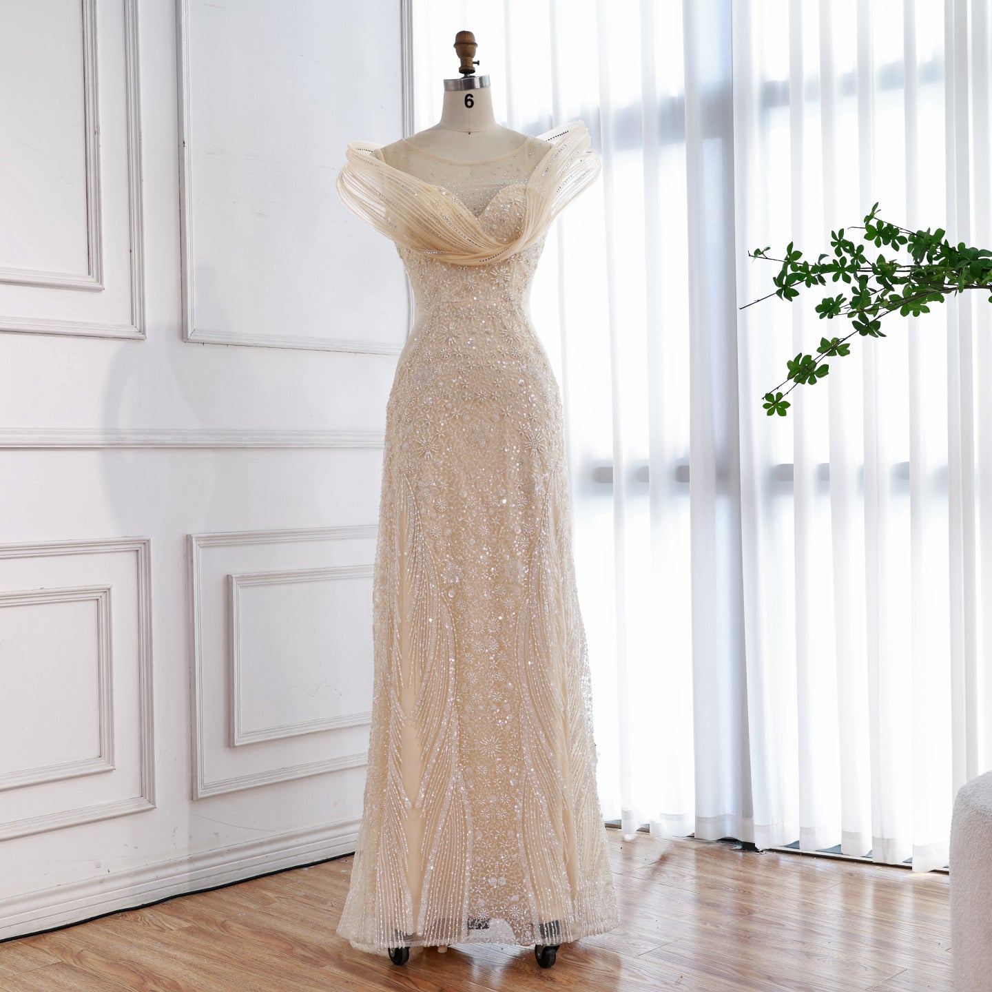 Luxury Cream Beaded Elegant Mermaid Evening Dress LA73386