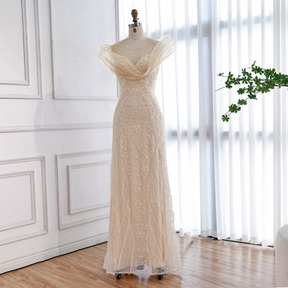 Luxury Cream Beaded Elegant Mermaid Evening Dress LA73386