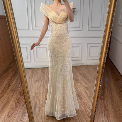 Luxury Cream Beaded Elegant Mermaid Evening Dress LA73386