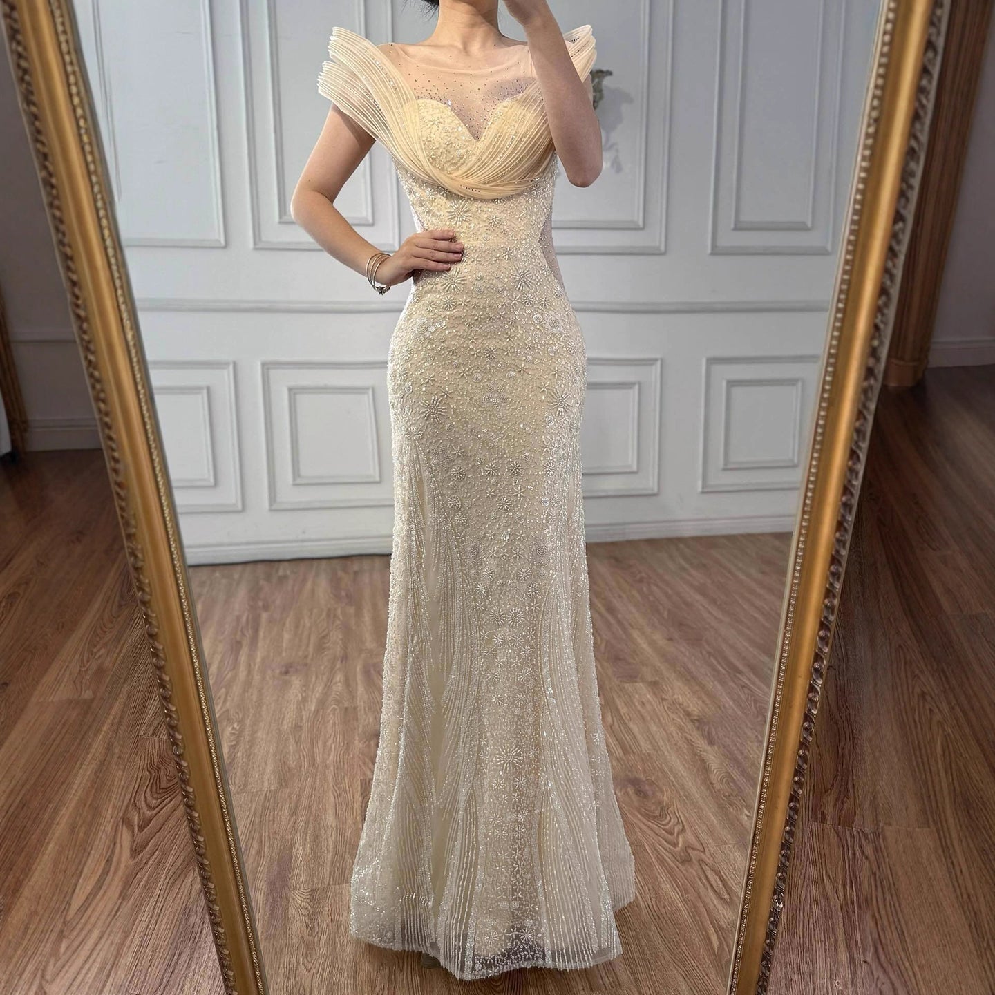 Luxury Cream Beaded Elegant Mermaid Evening Dress LA73386
