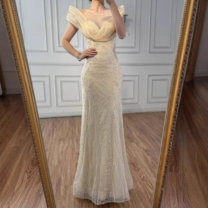 Luxury Cream Beaded Elegant Mermaid Evening Dress LA73386