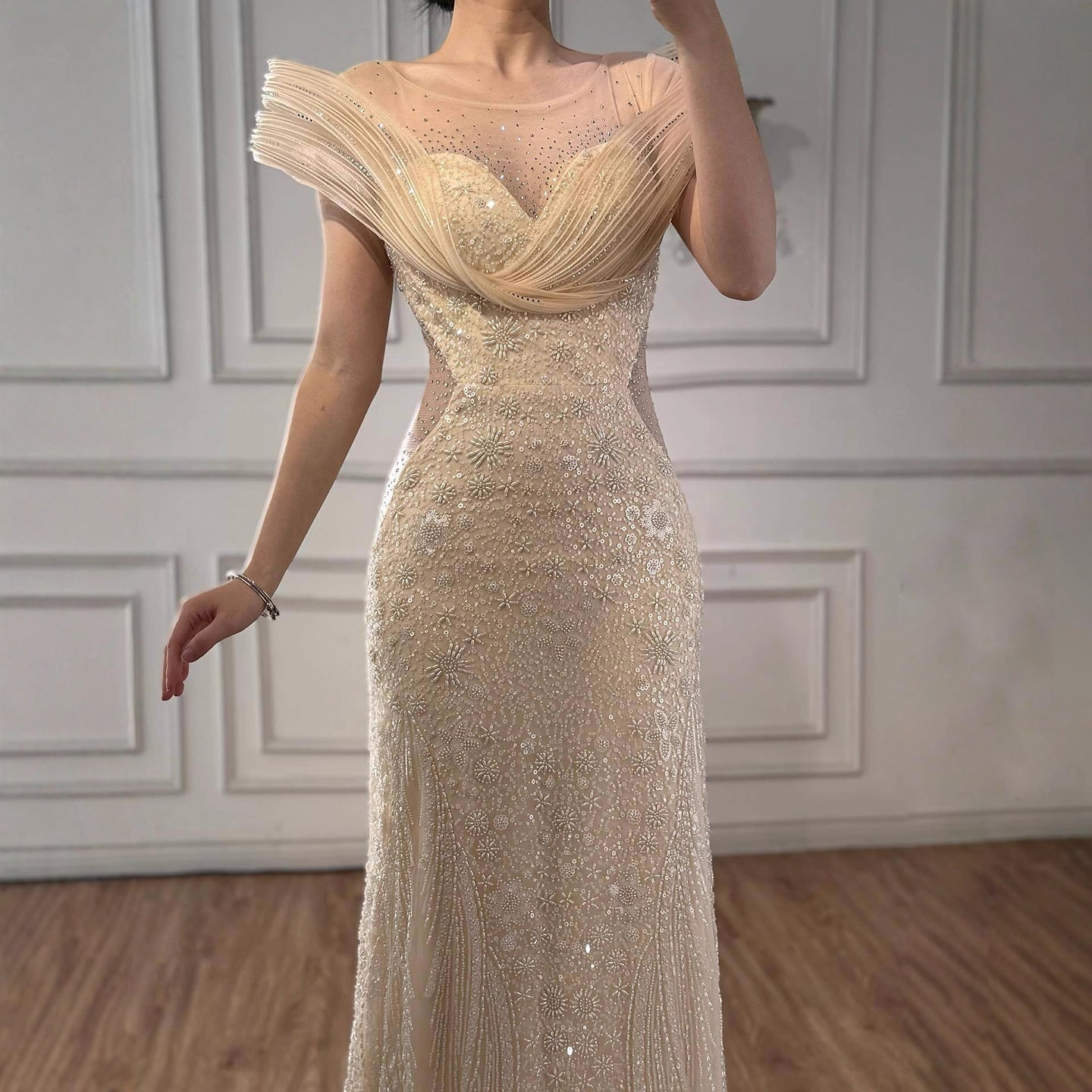 Luxury Cream Beaded Elegant Mermaid Evening Dress LA73386