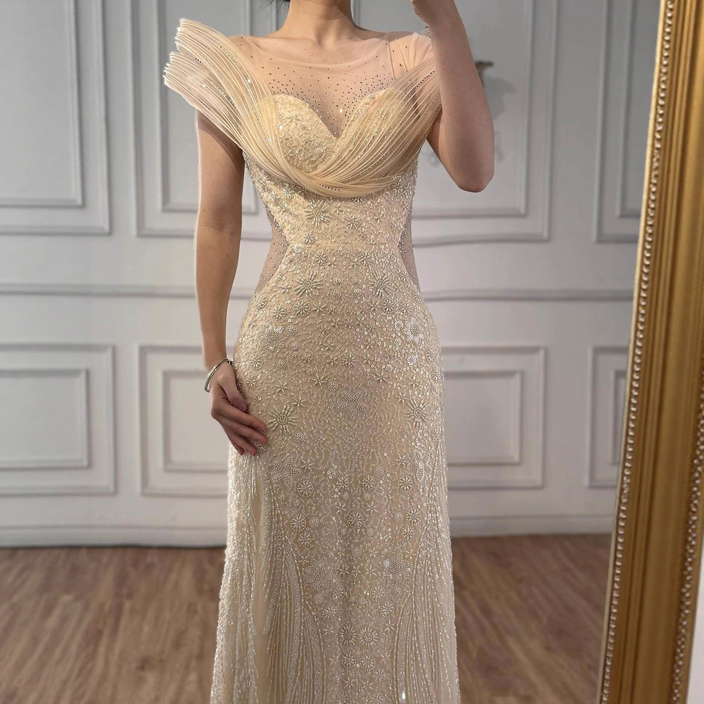 Luxury Cream Beaded Elegant Mermaid Evening Dress LA73386