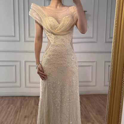 Luxury Cream Beaded Elegant Mermaid Evening Dress LA73386