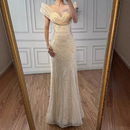 Luxury Cream Beaded Elegant Mermaid Evening Dress LA73386