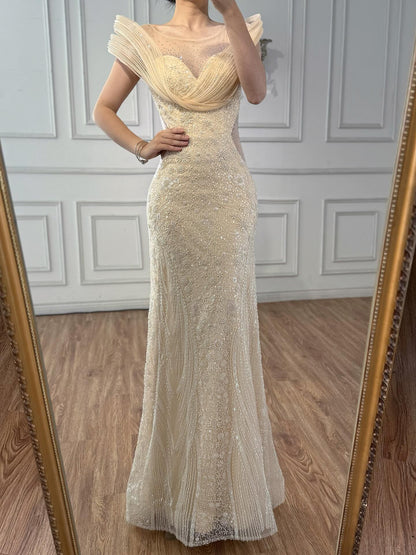 Luxury Cream Beaded Elegant Mermaid Evening Dress LA73386
