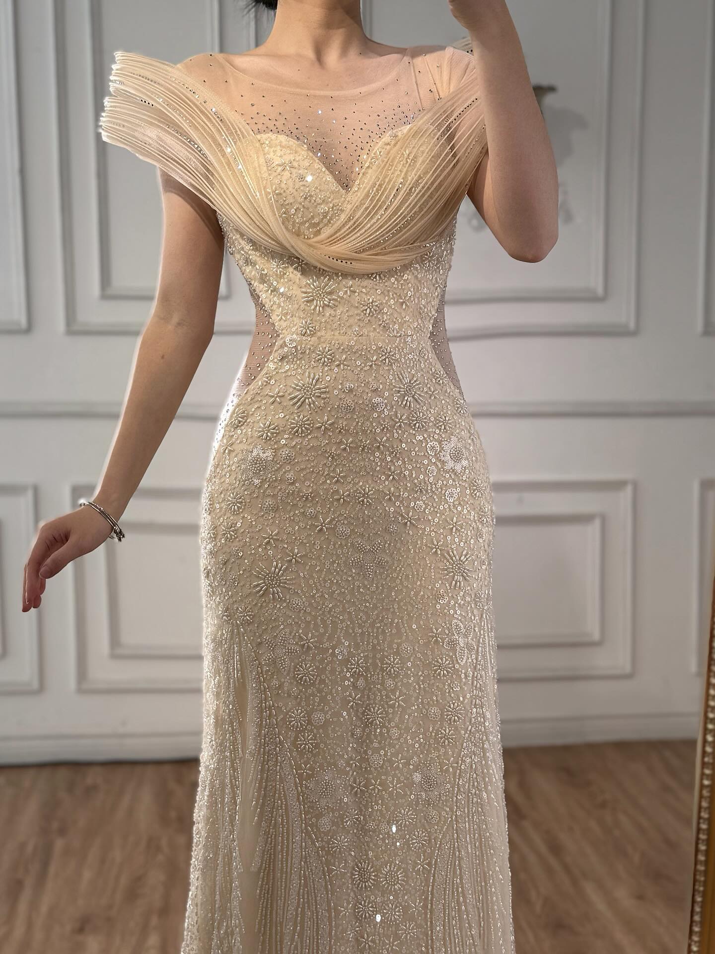 Luxury Cream Beaded Elegant Mermaid Evening Dress LA73386