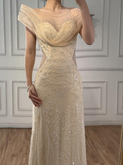 Luxury Cream Beaded Elegant Mermaid Evening Dress LA73386