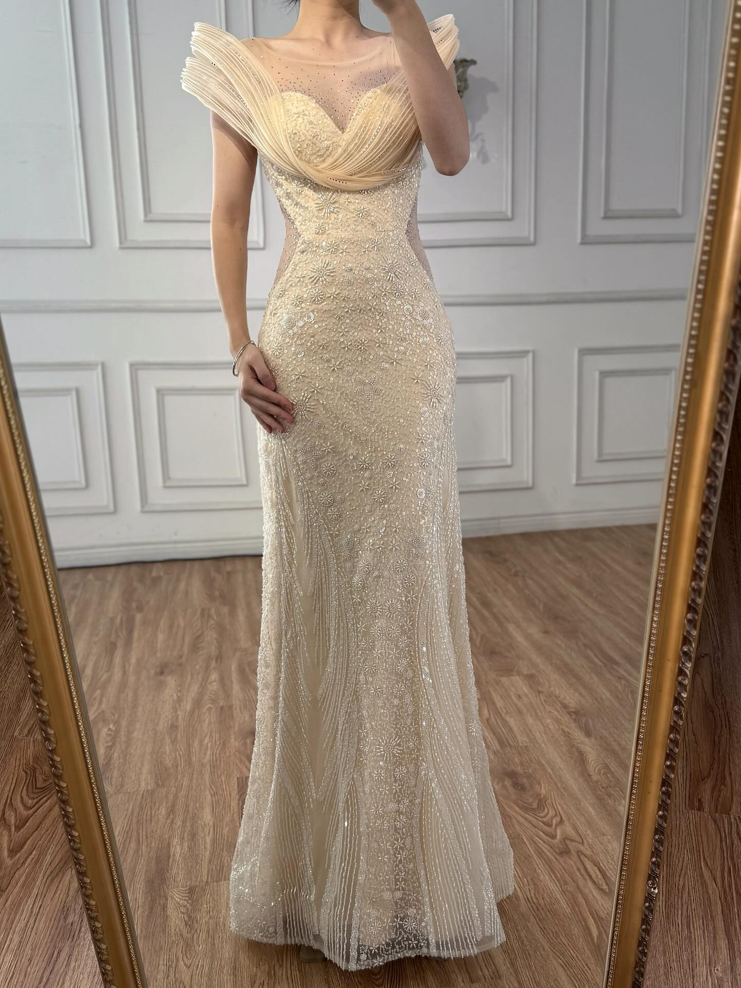 Luxury Cream Beaded Elegant Mermaid Evening Dress LA73386