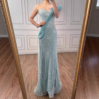 Luxury Turquoise Beaded Elegant Mermaid Evening Dress LA73386A