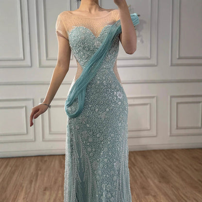 Luxury Turquoise Beaded Elegant Mermaid Evening Dress LA73386A