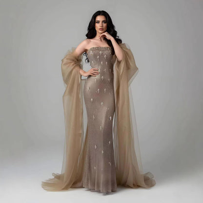 Luxury Gold Crystal Mermaid Evening Dress With Cape LA73387 - SERENE  HILL