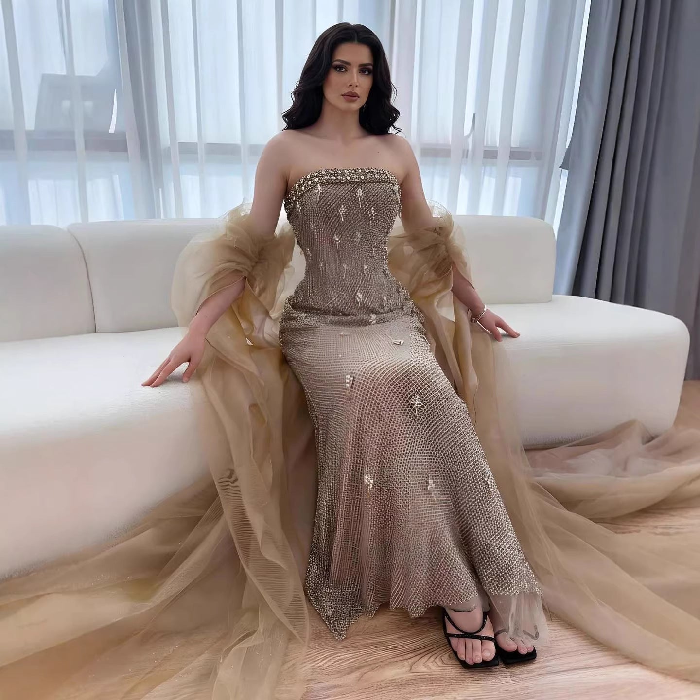 Luxury Gold Crystal Mermaid Evening Dress With Cape LA73387 - SERENE  HILL