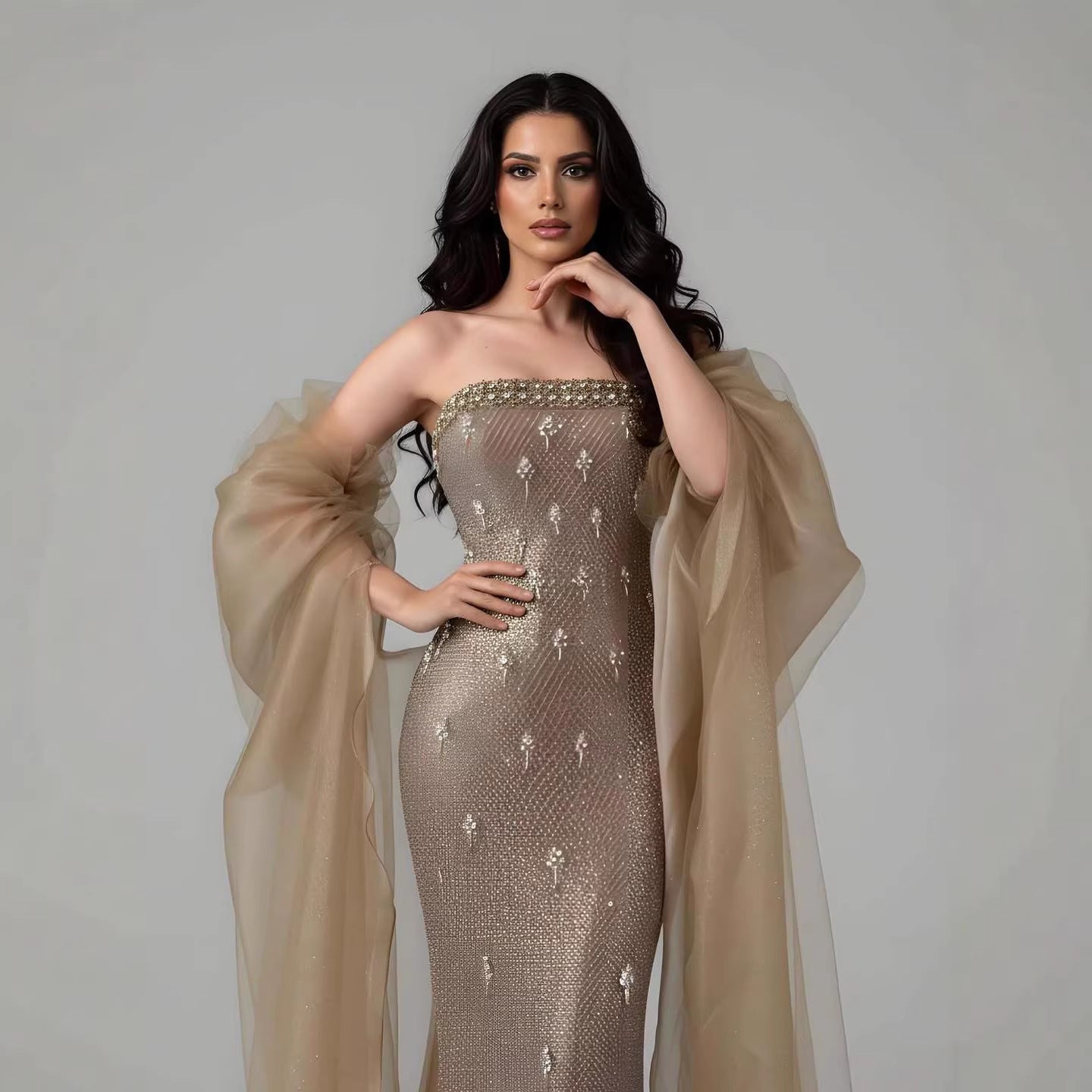 Luxury Gold Crystal Mermaid Evening Dress With Cape LA73387 - SERENE  HILL