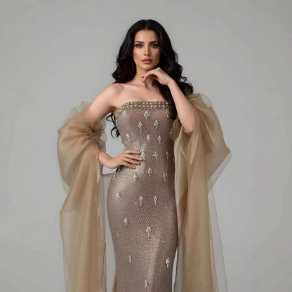 Luxury Gold Crystal Mermaid Evening Dress With Cape LA73387 - SERENE  HILL