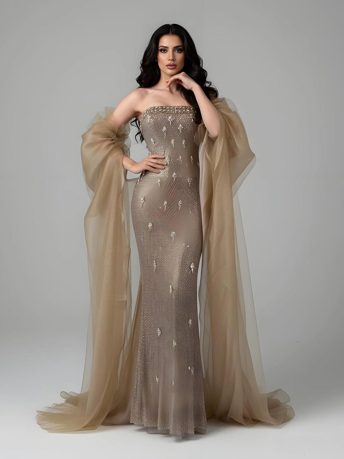 Luxury Gold Crystal Mermaid Evening Dress With Cape LA73387 - SERENE  HILL