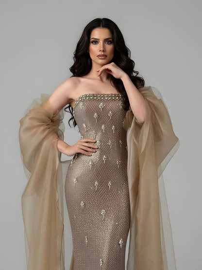 Luxury Gold Crystal Mermaid Evening Dress With Cape LA73387 - SERENE  HILL