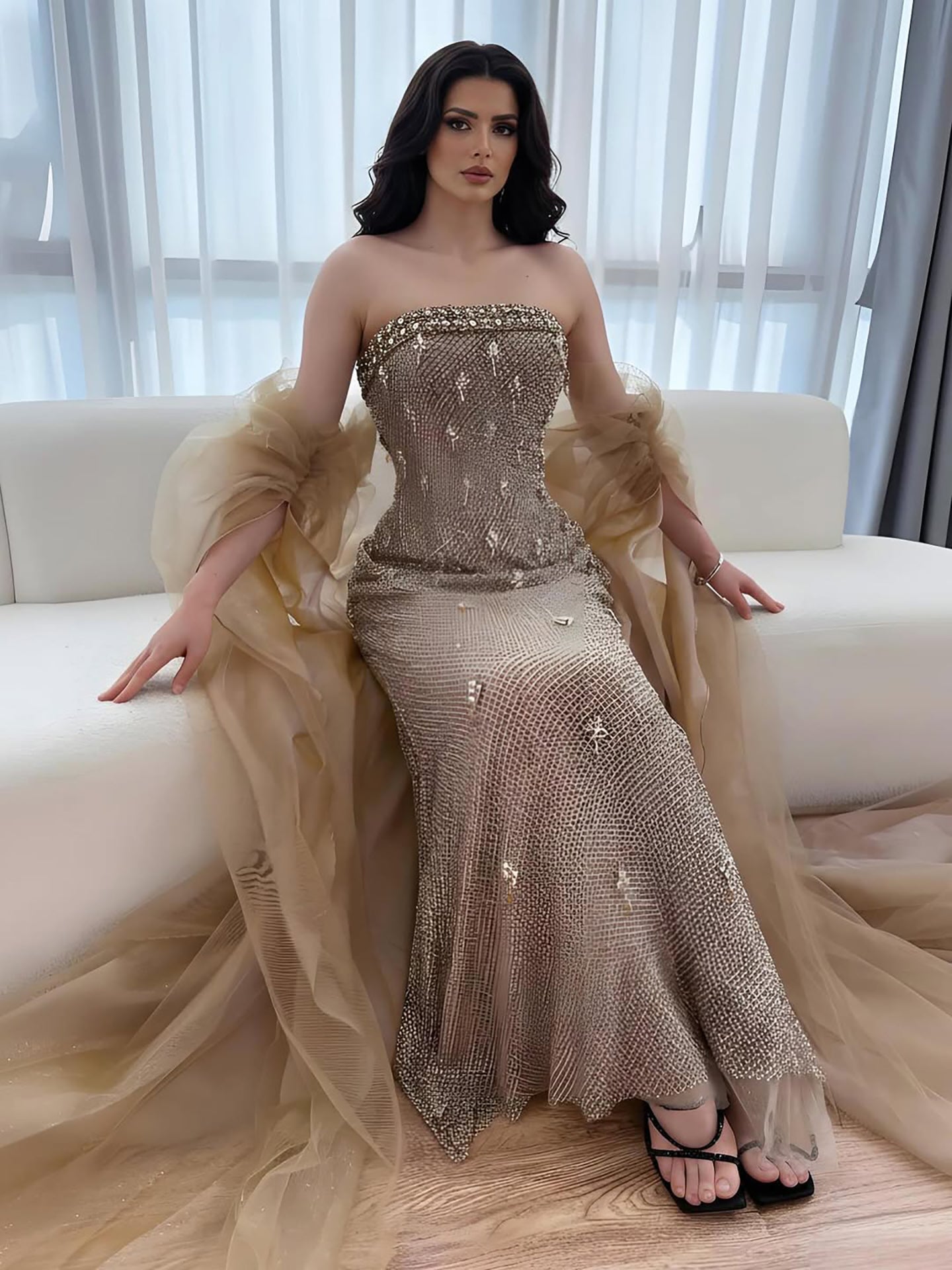 Luxury Gold Crystal Mermaid Evening Dress With Cape LA73387 - SERENE  HILL