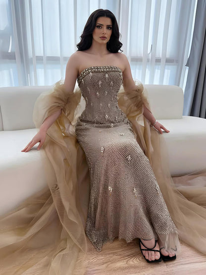 Luxury Gold Crystal Mermaid Evening Dress With Cape LA73387 - SERENE  HILL