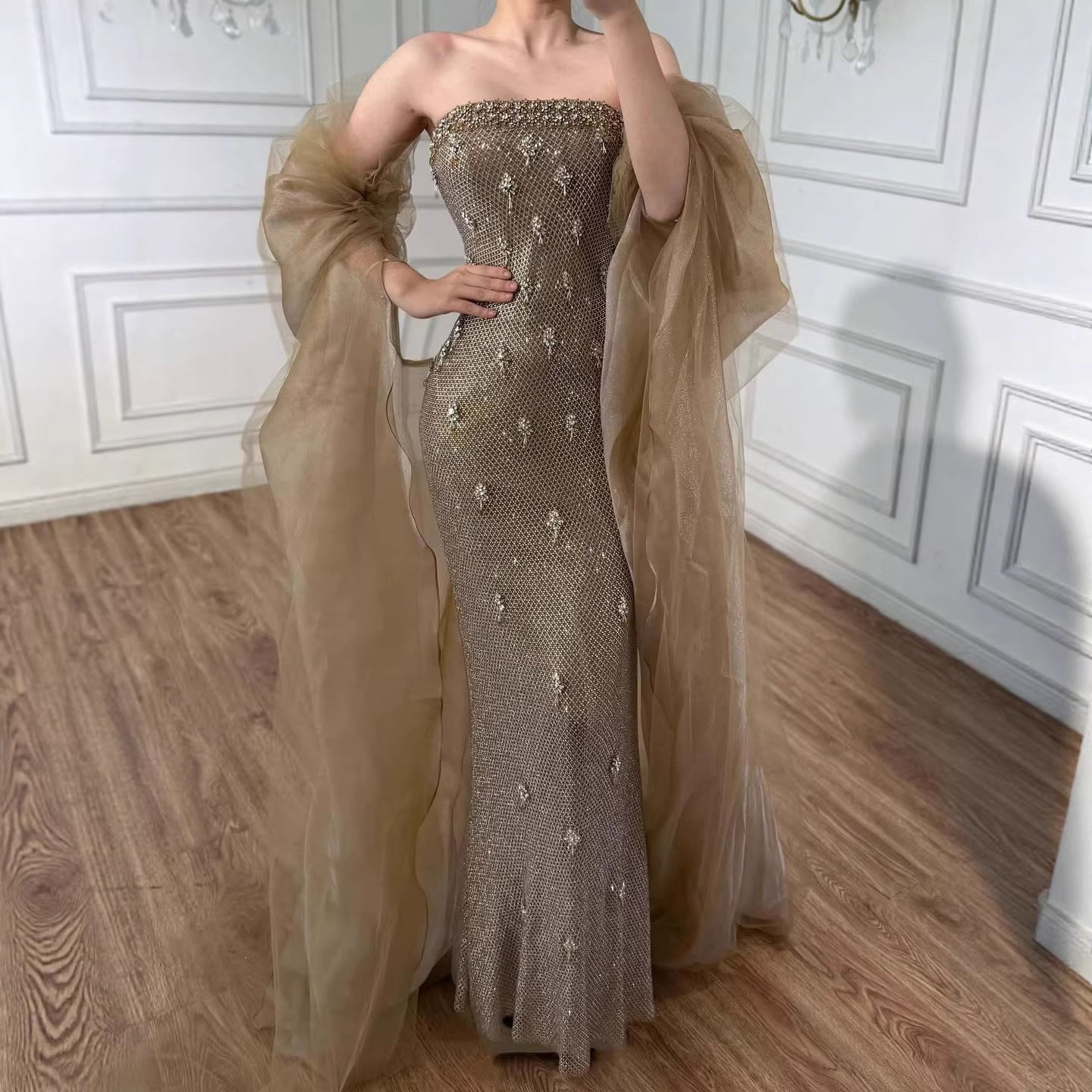 Luxury Gold Crystal Mermaid Evening Dress With Cape LA73387 - SERENE  HILL