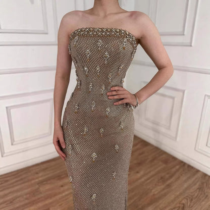Luxury Gold Crystal Mermaid Evening Dress With Cape LA73387 - SERENE  HILL