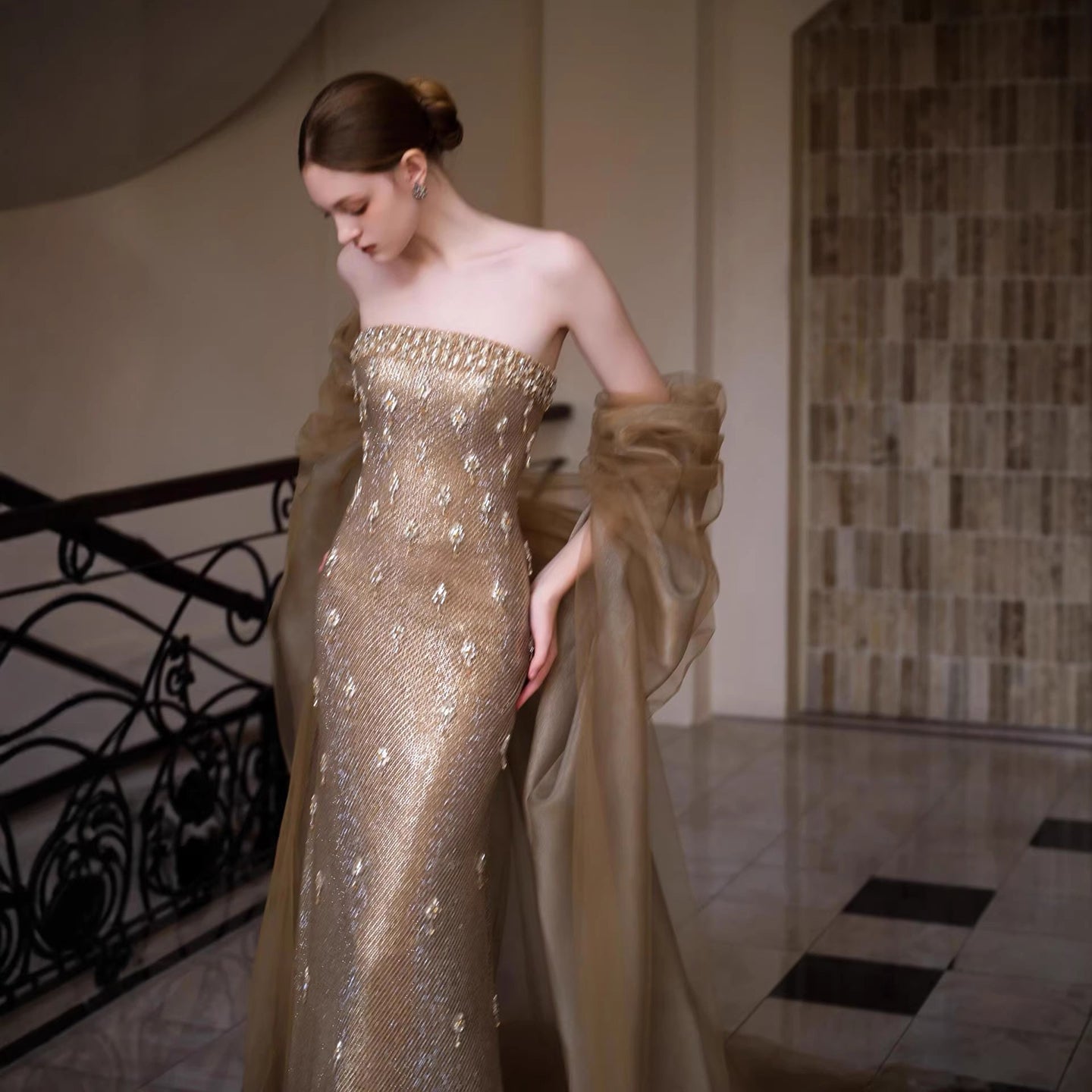 Luxury Gold Crystal Mermaid Evening Dress With Cape LA73387 - SERENE  HILL