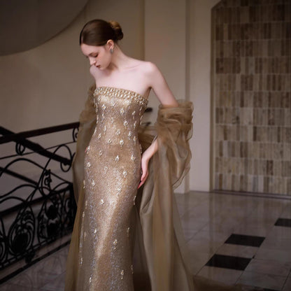 Luxury Gold Crystal Mermaid Evening Dress With Cape LA73387 - SERENE  HILL