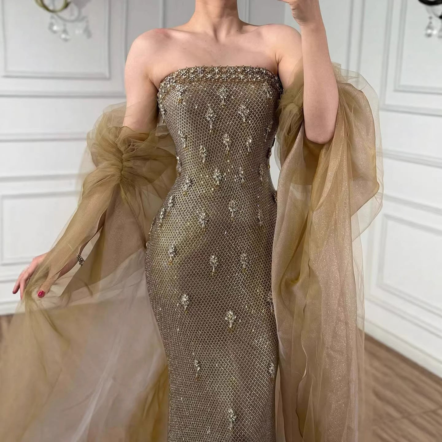 Luxury Gold Crystal Mermaid Evening Dress With Cape LA73387 - SERENE  HILL