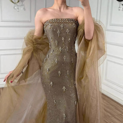 Luxury Gold Crystal Mermaid Evening Dress With Cape LA73387 - SERENE  HILL