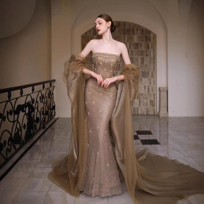 Luxury Gold Crystal Mermaid Evening Dress With Cape LA73387 - SERENE  HILL