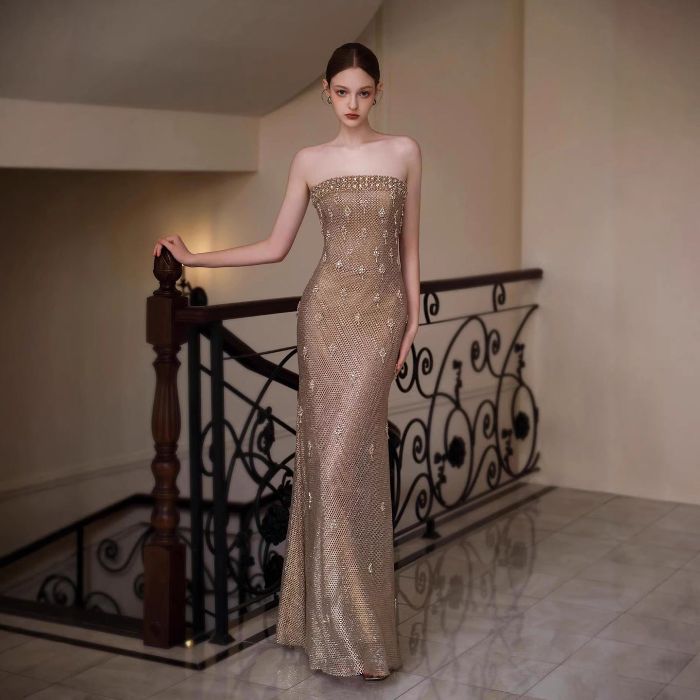 Luxury Gold Crystal Mermaid Evening Dress With Cape LA73387 - SERENE  HILL