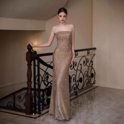Luxury Gold Crystal Mermaid Evening Dress With Cape LA73387 - SERENE  HILL