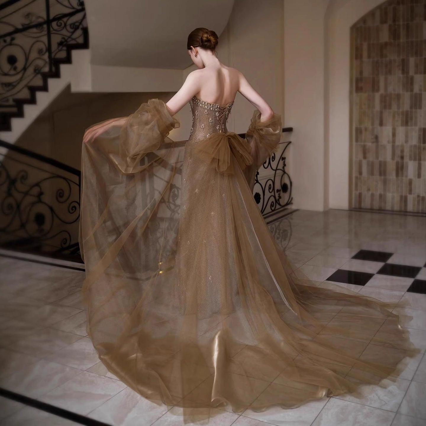 Luxury Gold Crystal Mermaid Evening Dress With Cape LA73387 - SERENE  HILL