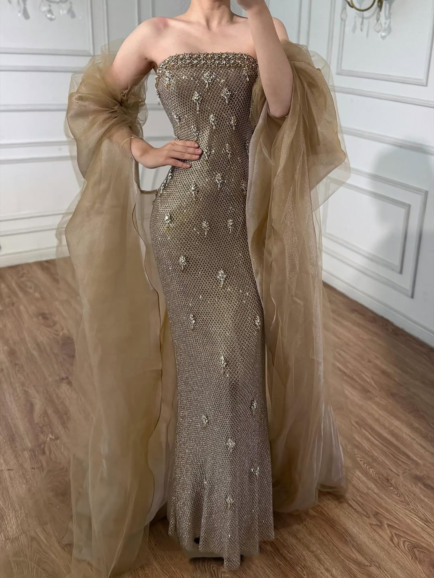 Luxury Gold Crystal Mermaid Evening Dress With Cape LA73387 - SERENE  HILL