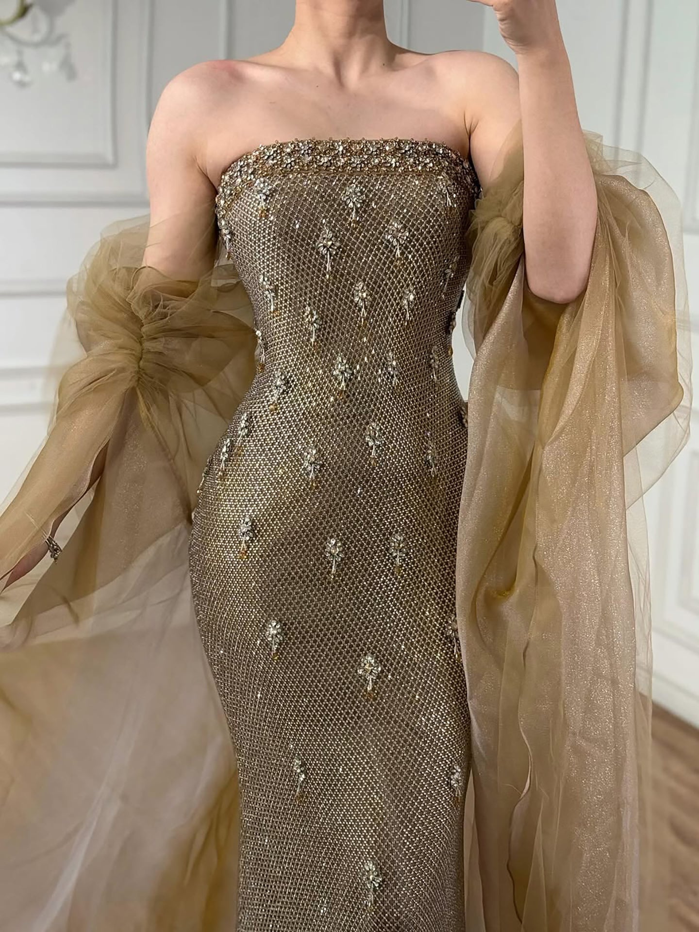 Luxury Gold Crystal Mermaid Evening Dress With Cape LA73387 - SERENE  HILL