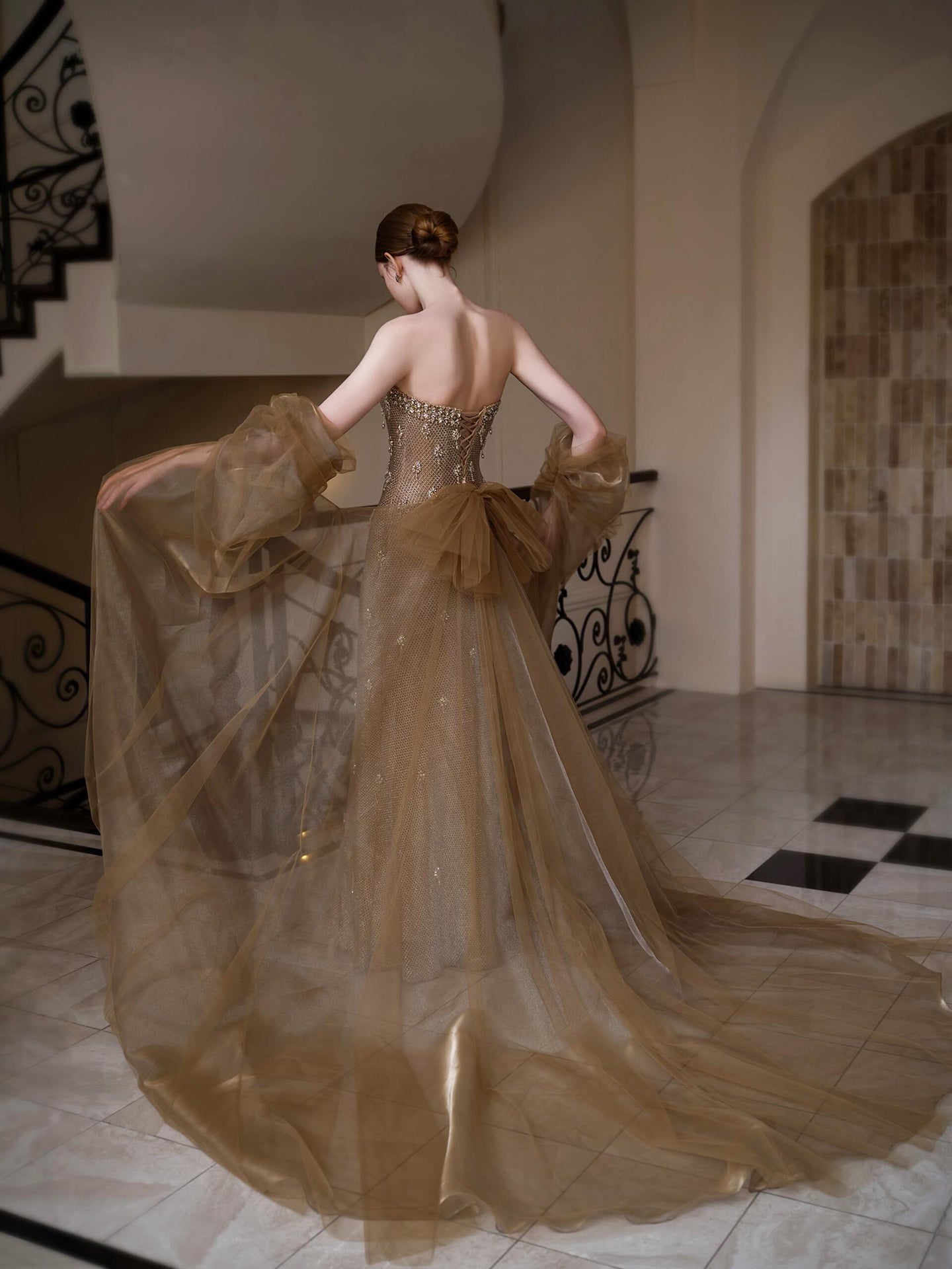 Luxury Gold Crystal Mermaid Evening Dress With Cape LA73387 - SERENE  HILL
