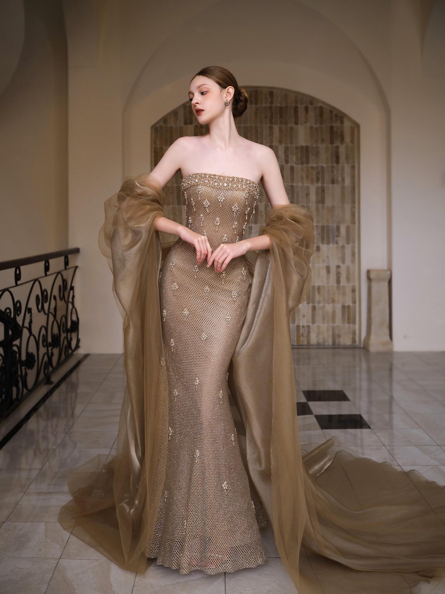 Luxury Gold Crystal Mermaid Evening Dress With Cape LA73387 - SERENE  HILL