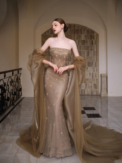 Luxury Gold Crystal Mermaid Evening Dress With Cape LA73387 - SERENE  HILL