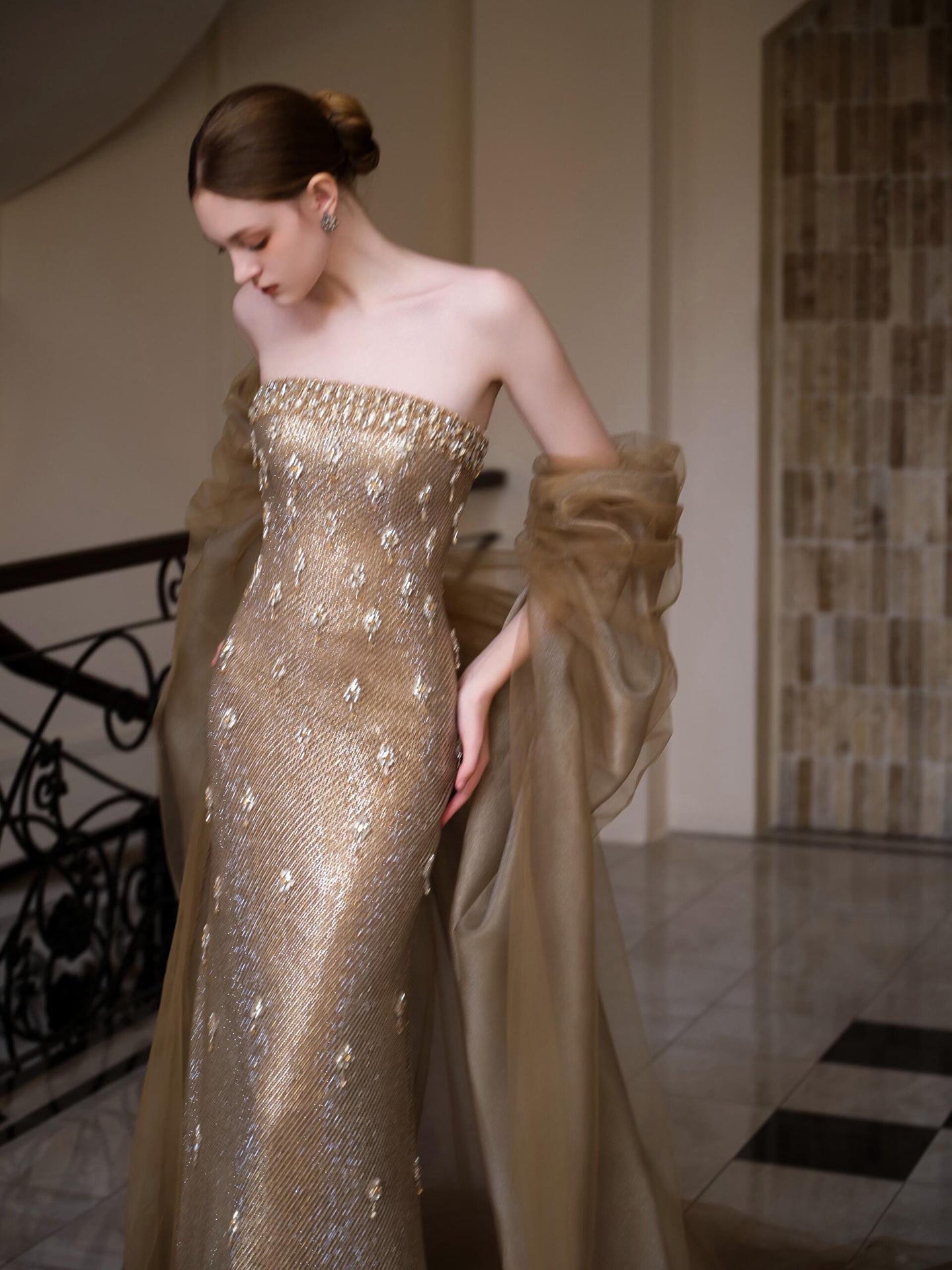 Luxury Gold Crystal Mermaid Evening Dress With Cape LA73387 - SERENE  HILL