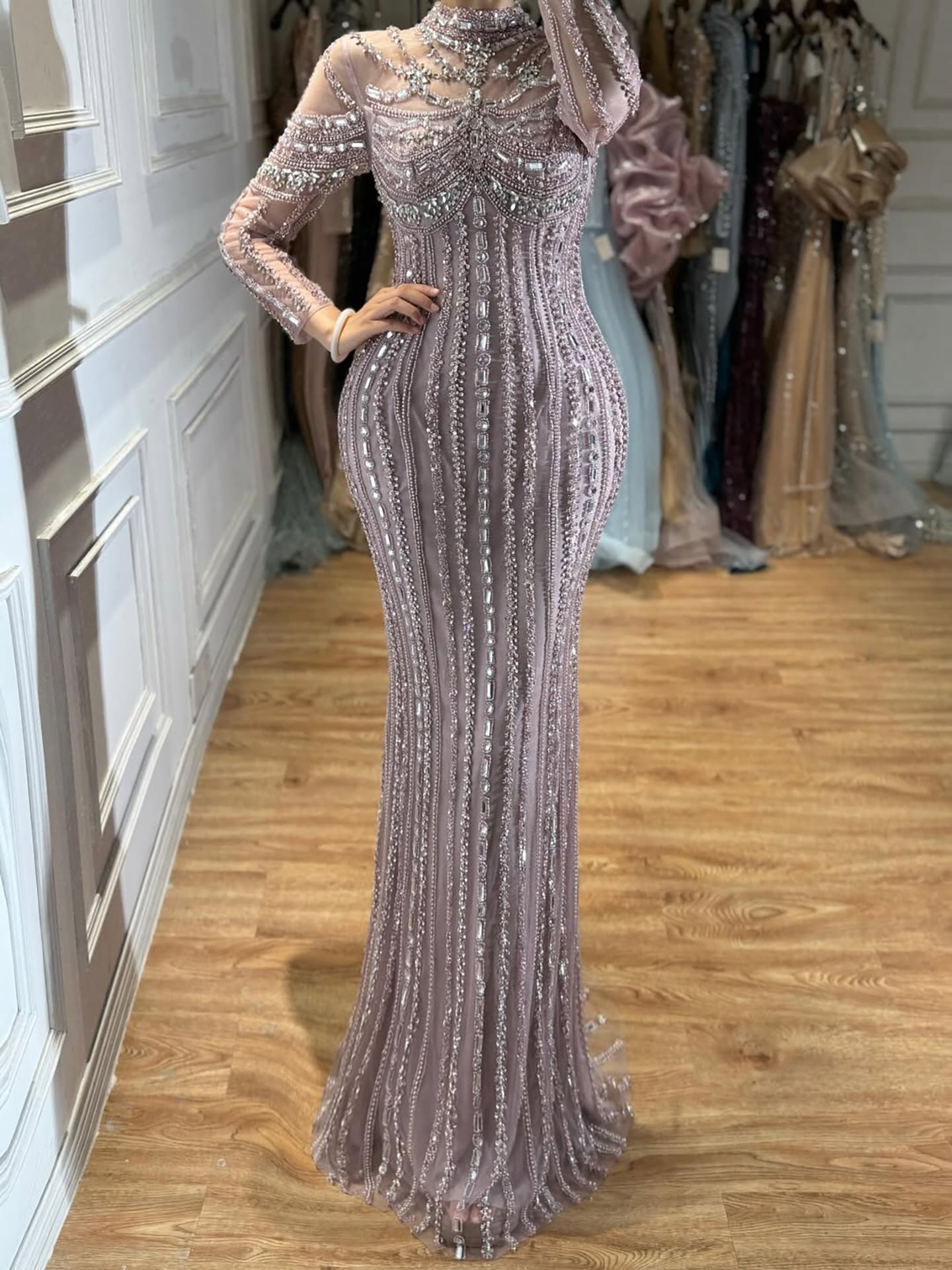 Luxury Nude Crystal Beaded Mermaid Evening Dress LA73391
