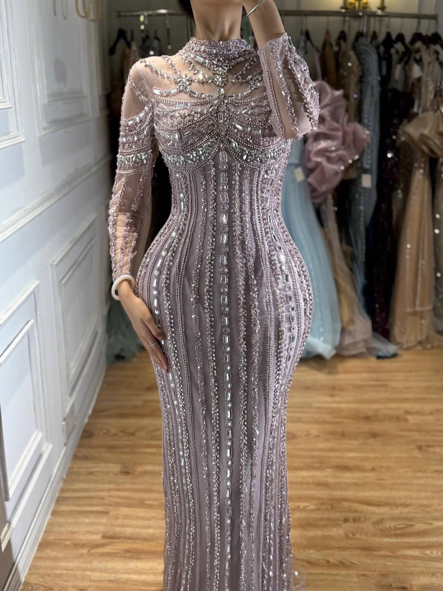 Luxury Nude Crystal Beaded Mermaid Evening Dress LA73391