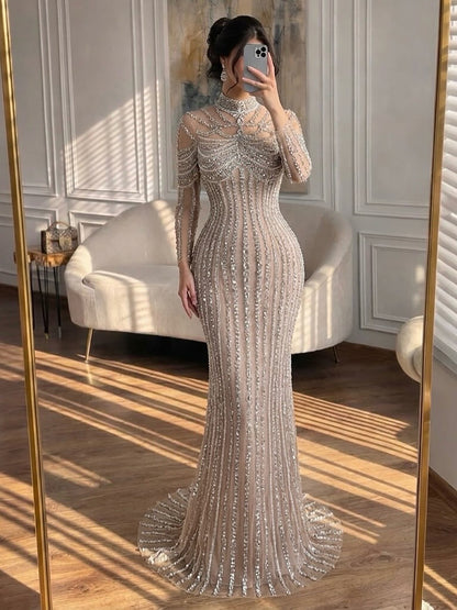 Luxury Nude Crystal Beaded Mermaid Evening Dress LA73391