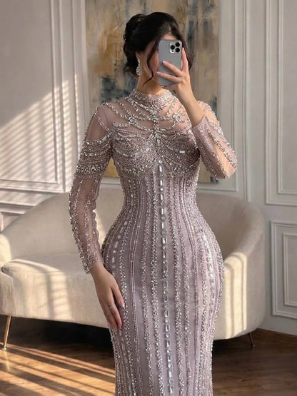 Luxury Nude Crystal Beaded Mermaid Evening Dress LA73391